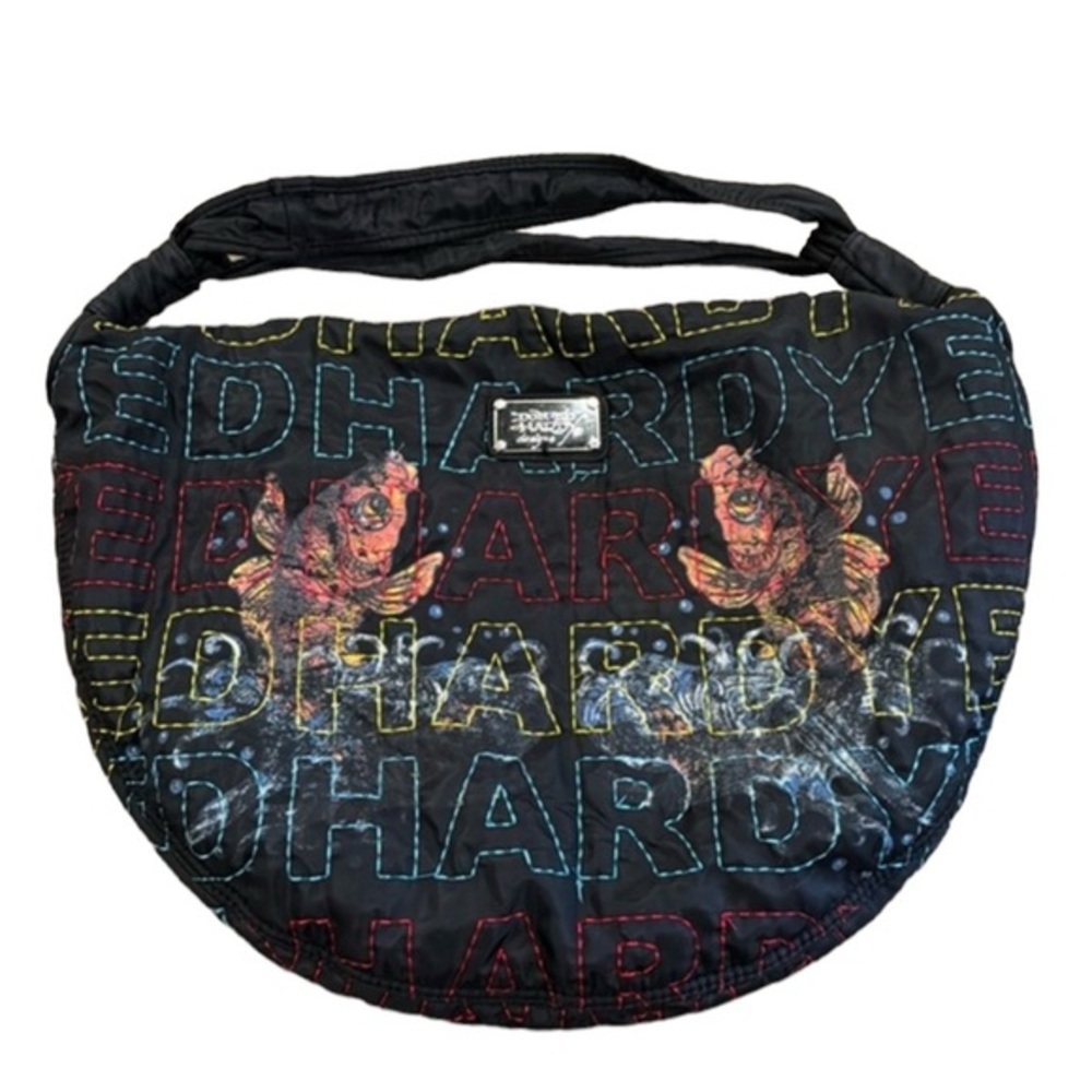 Vintage Don Ed Hardy Koi Quilted Stitched Black Bag
